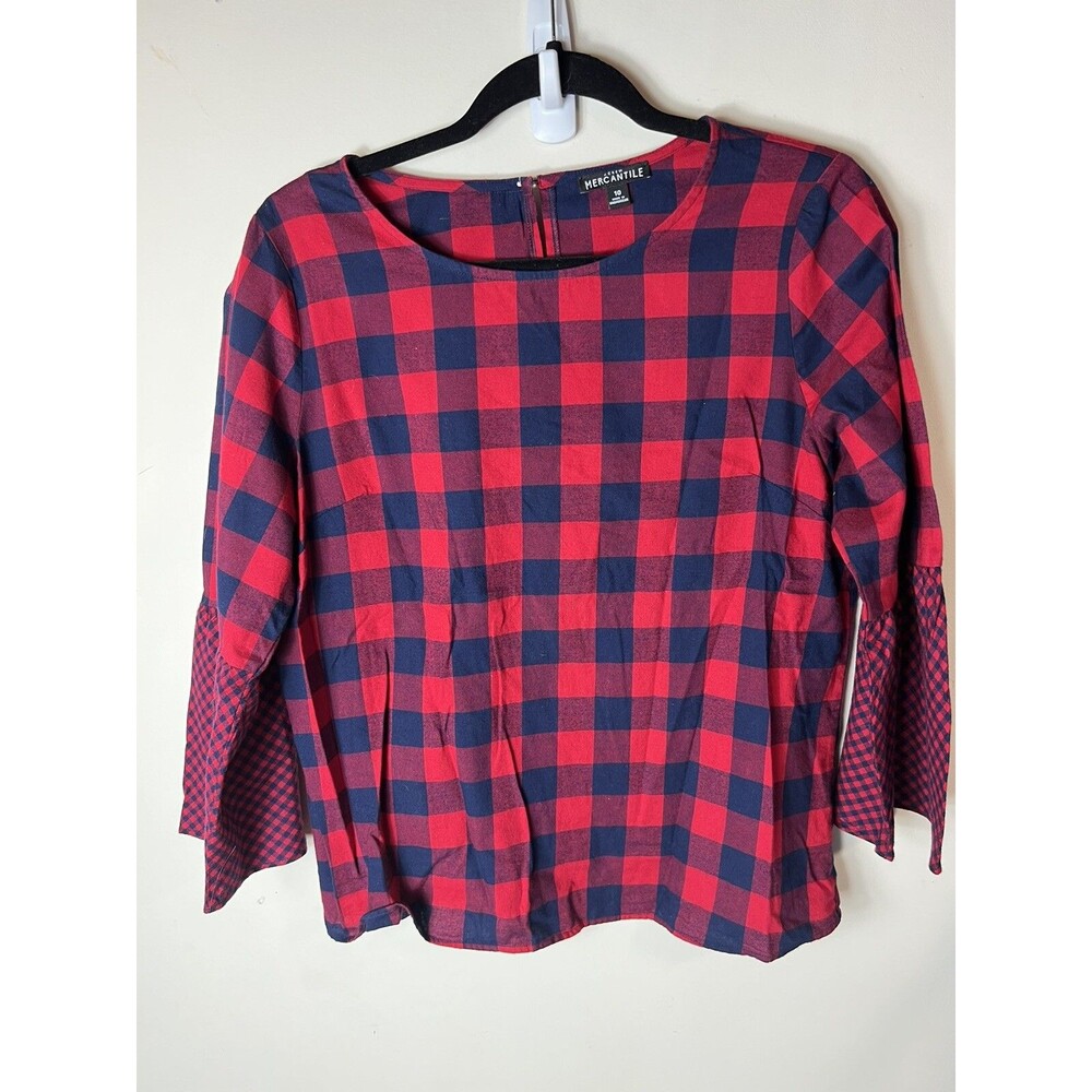 J. Crew Mercantile Buffalo Plaid Bell Sleeve Flannel Top Blouse Red Blue Size 10
